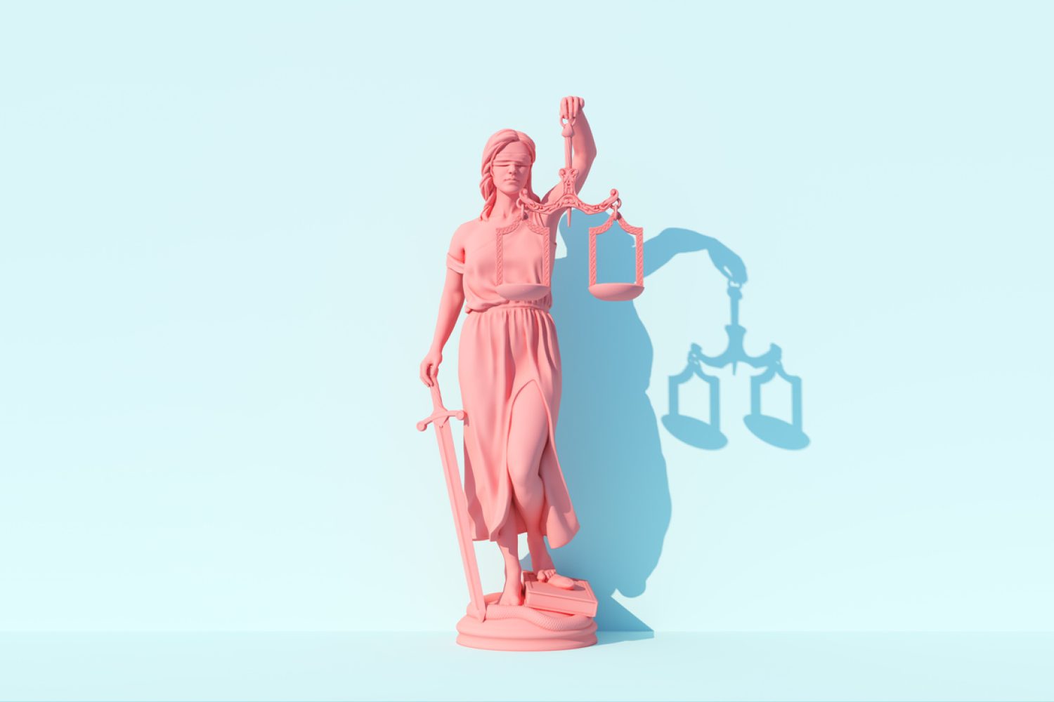 Pink Lady Justice Statue Personification of the Judicial System Traditional Protection and Balance Moral Force for Good and Lawfare Pastel Blue Background 3d illustration render